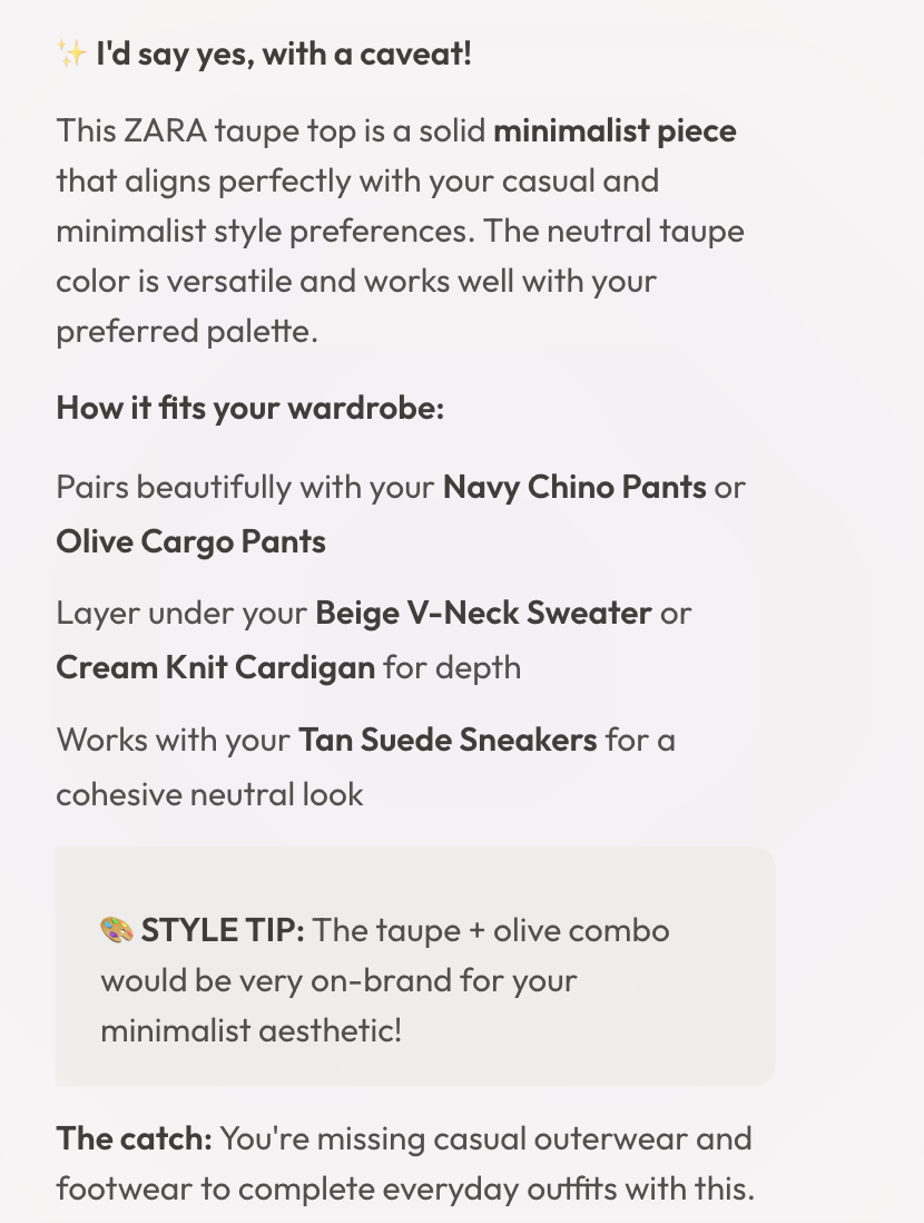 Interactive chat log showing an AI stylist analyzing compatibility and versatility of a garment