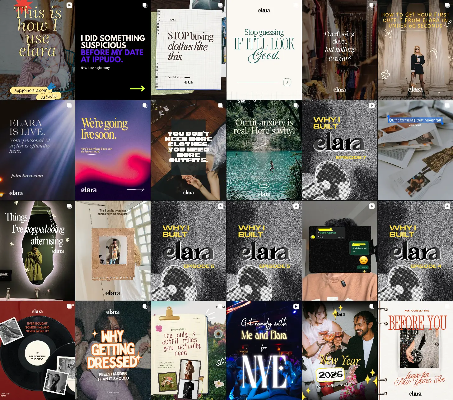 Grid display background showing Elara's public product development and social media Instagram feed