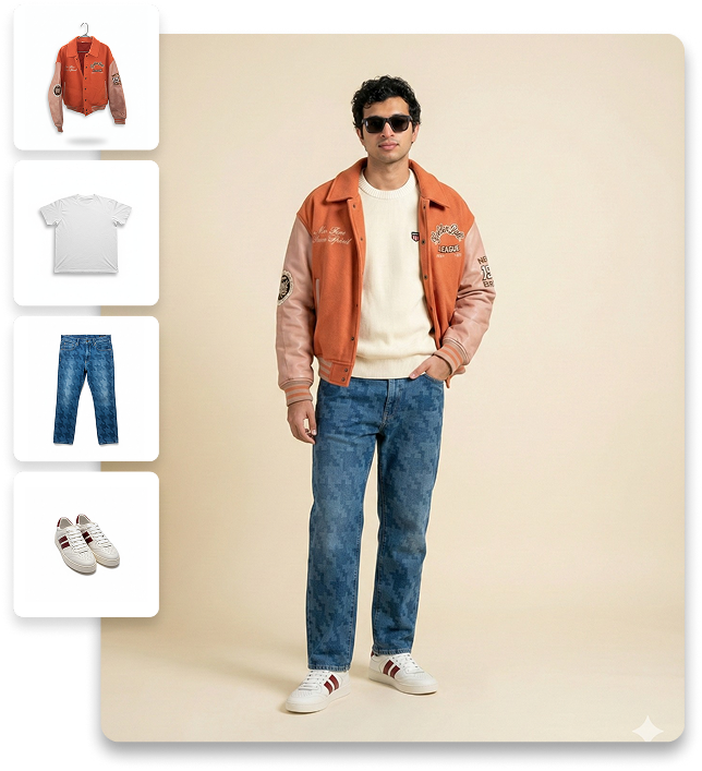 Visual demonstration of clothes combined together to show virtual try-on outfit bundling feature
