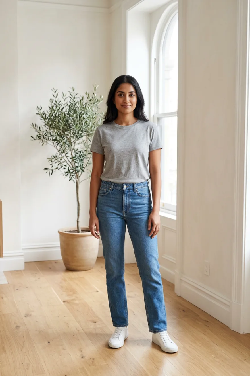 Before: grey tee, blue jeans and white sneakers